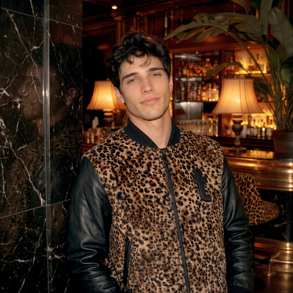 spotted leather varsity jacket